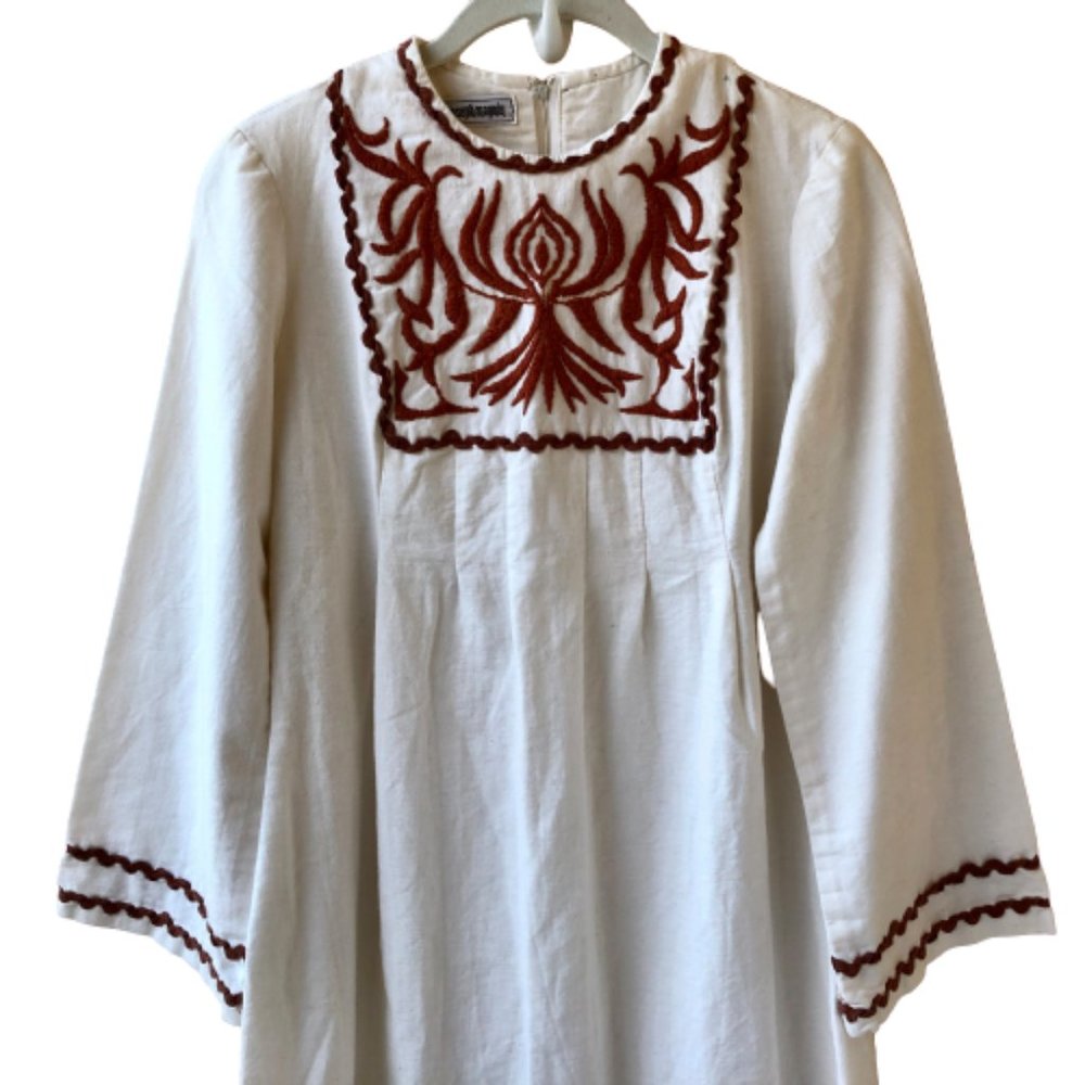 Vintage 70s Joseph Magnin Kaftan Dress Embroidered Ric Rac Cream Maxi Boho XS - Picture 10 of 15